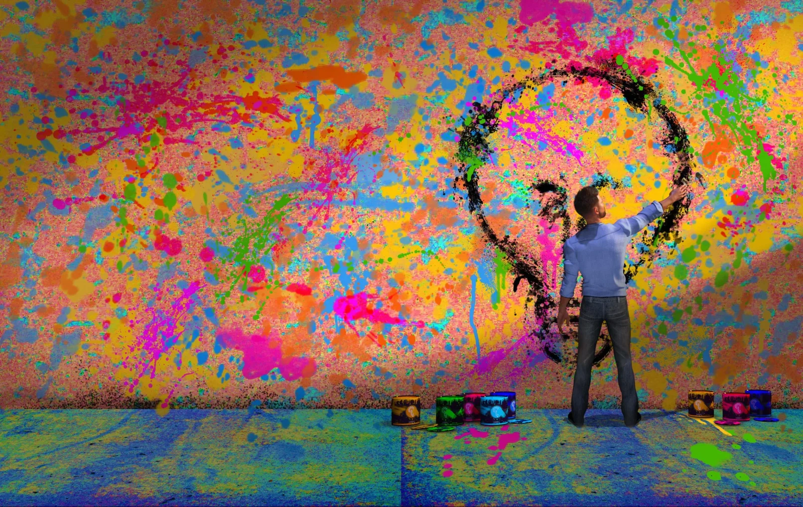 man painting a lightbulb image on a multicolored wall